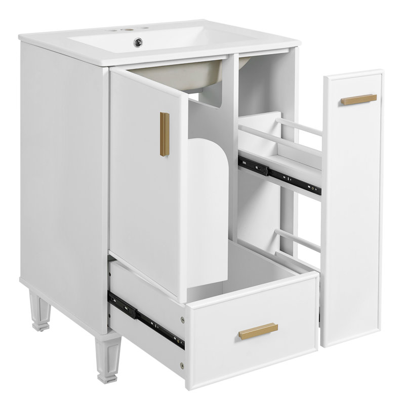 Meuble-lavabo 24 po avec lavabo, armoire de salle de bain avec tablette de porte, tiroir profond, panier coulissant à 2 niveaux, structure en bois massif et panneau de fibres à densité moyenne, un paquet, blanc