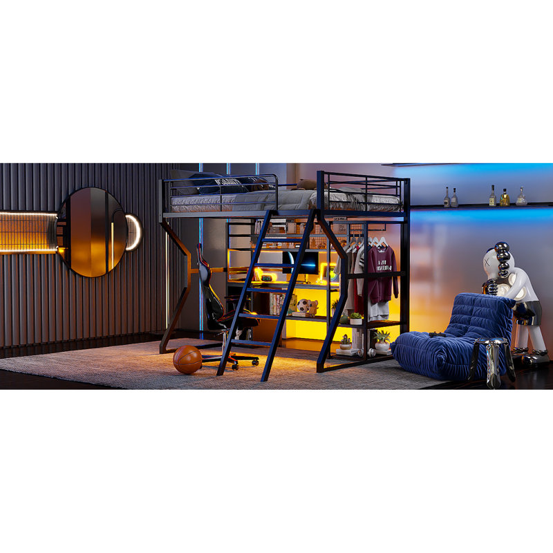 Lit mezzanine double en métal avec poste de travail intégré, garde-robe ouverte et conduit pour une chambre à coucher silencieuse