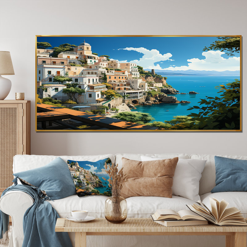 Capri, Italie, paysage côtier, rêve III - Italie, art mural paysage, Cadre flottant doré, H 28 po x l 60 po x P 1,5 po