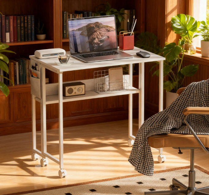 Bureau d'ordinateur pliable, avec sac de rangement, tablette et roulettes pour petits espaces, bureau à domicile