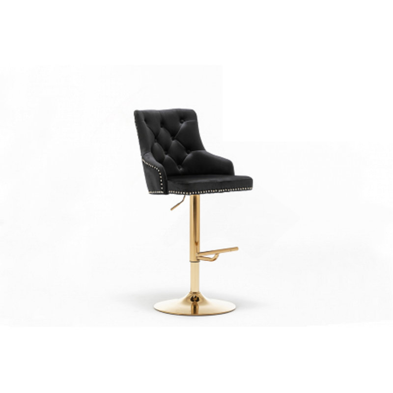 Tabouret de bar pivotant réglable (ensemble de 2) avec base dorée, chaise de cuisine rembourrée en velours, garniture cloutée et dossier capitonné