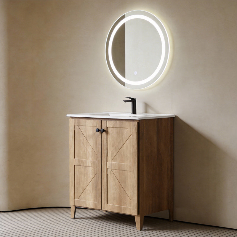 30 Inch Freestanding Vanity With Sink, Soft-Close Doors & Vertical Groove Design - Foldable Shaker Style, Adjustable Shelf, Installs In 30 Seconds