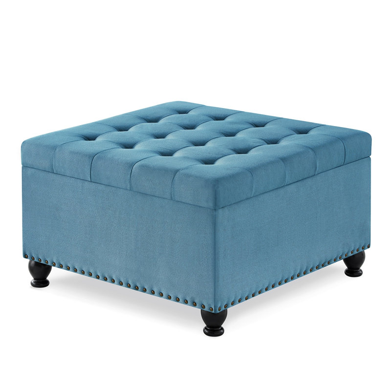 Grand repose-pieds de rangement carré avec pieds en bois, table basse capitonnée avec garniture cloutée, Bleu clair