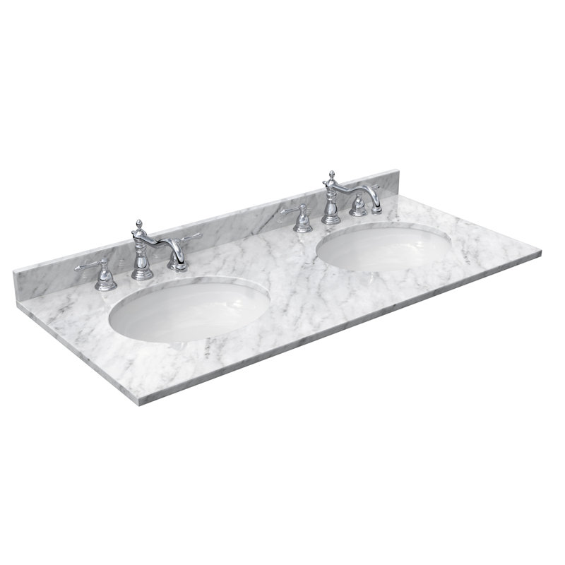 48" Double Countertop in White Carrara Marble with Oval Sinks and Backsplash