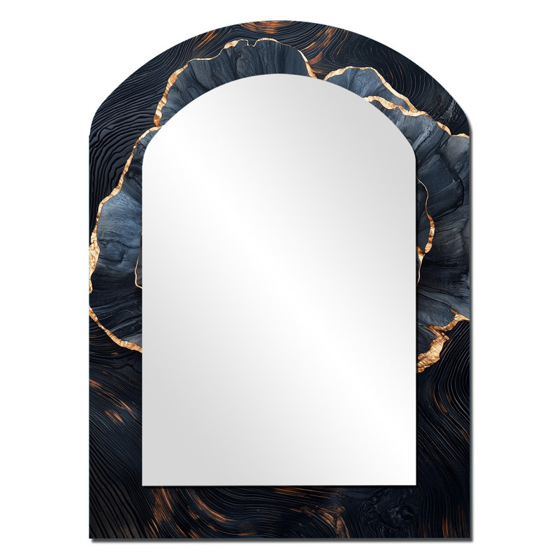 Gold Blue Peonies Geode Stone I - Traditional Arch Wall Mirror, 34" x 25"