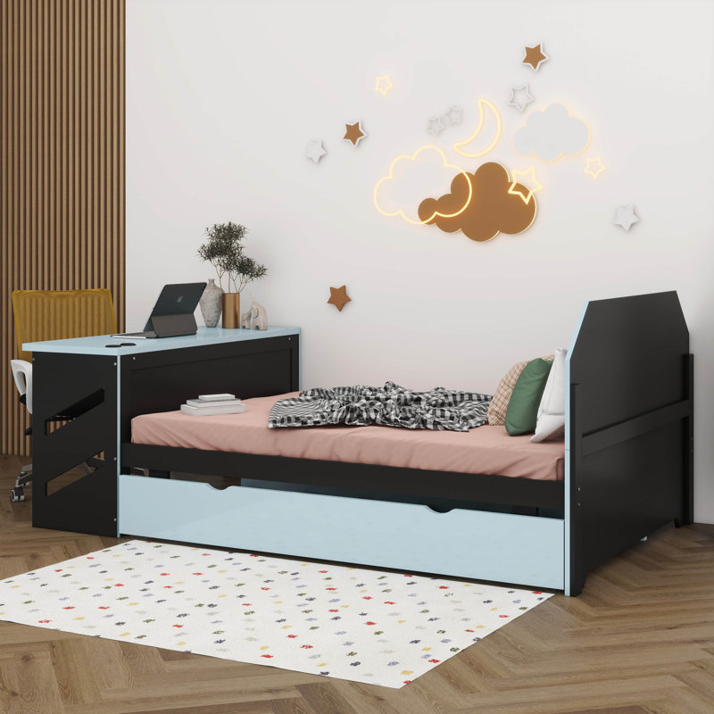 Lit plateforme double avec bureau et lit gigogne simple, structure de lit de jour en bois avec port USB, Bleu