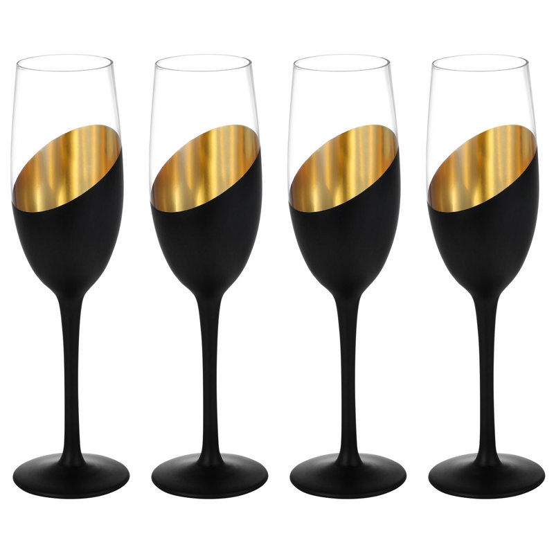 4 Piece 237ml Glass Flute Set, Black/Gold