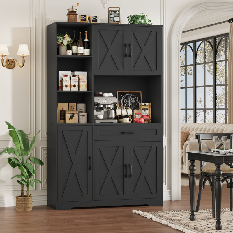 Garde-manger de style campagnard H 70,9 po Anitrea avec tablette à micro-ondes, armoire de rangement en bois avec tablette réglable et tiroir central, noir