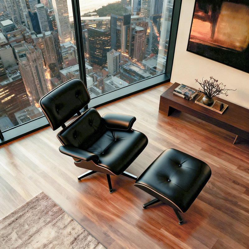 Genuine Leather Swivel Lounge Chair With Ottoman Accent Chair  For Modern Living, Black/Nautral Wood
