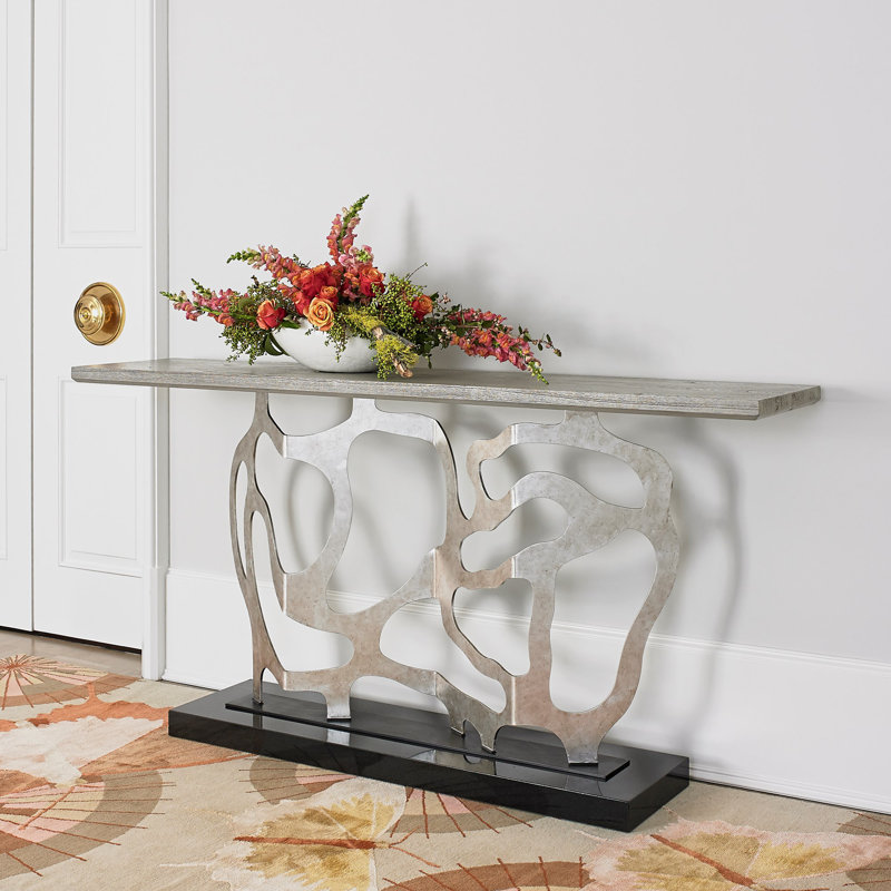 Sculpted 74'' W Solid Wood Console Table, Gray, Silver Metal Leaf/Black