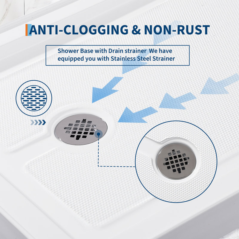 48" x 32" Shower Base with 304 Stainless Steel Drain – Anti-Slip Textured Resin Shower Pan, Clog-Free Strainer, Reinforced Durability, 3.5" Low Profile, Pre-Connected Kit for Easy Install