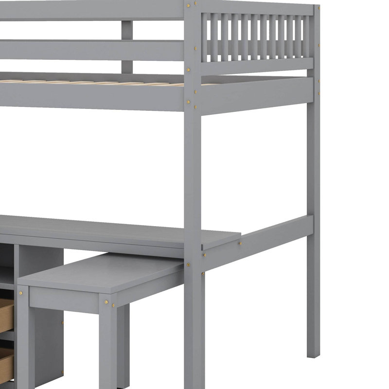 Lit mezzanine double avec escalier, bibliothèque, tiroirs, bureau et garde-robe, gris