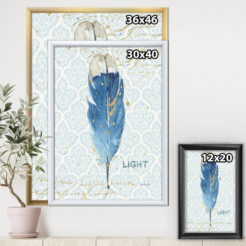 « blue damassé plumes »-cadre photo imprimé sur toile, Cadre noir, H 46 po x l 36 po x P 1,5 po