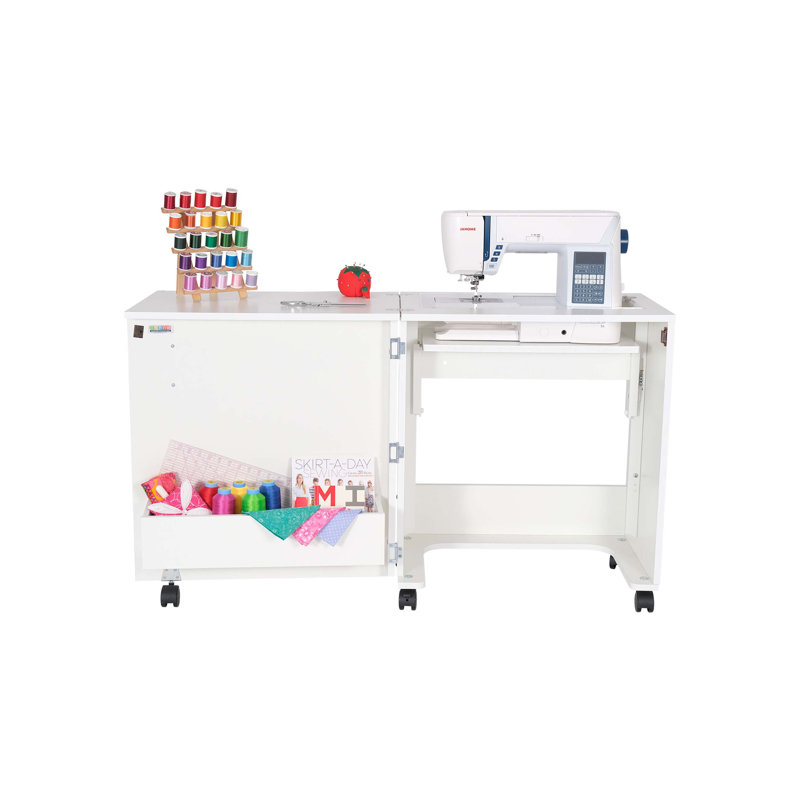 White Compact Hydraulic Lift Sewing Cabinet with Storage
