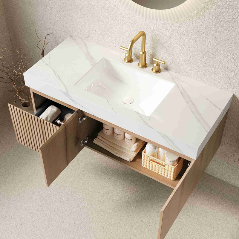 Meuble-lavabo mural, Blanc de Carrare, Chêne blanc