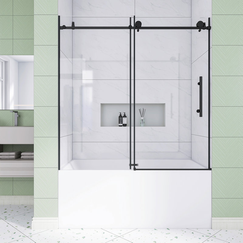 56-60 In. W × 60 In. H Frameless Shower  With 1/4" Tempered Glass In Matt Black |  Explosion Proof Film |   Stainless Steel Handle