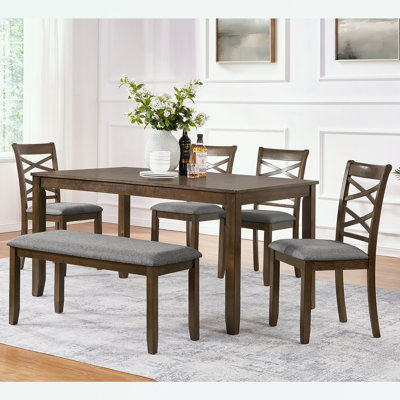 6 Piece Dining Table Set with four cross back stools and benches