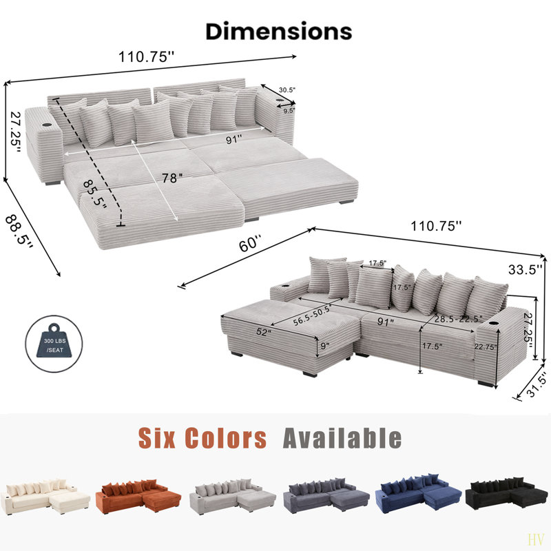 110.75" Modular L Shaped Sofa, Corduroy Fabric Sectional Couch,With A Movable Footstool, Cup Holders,Bring 8 Throw Pillows,Side Pocket,Unfold Into A Bed