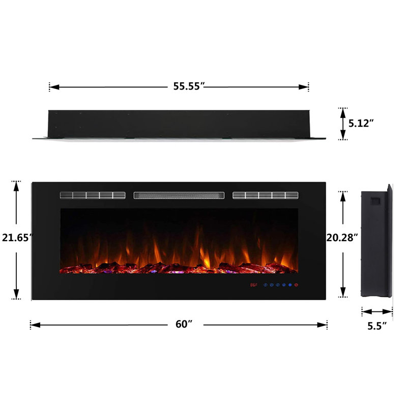 Akanke Black Electric Fireplace Insert, 21.65" H x 60" W x 5.51" D