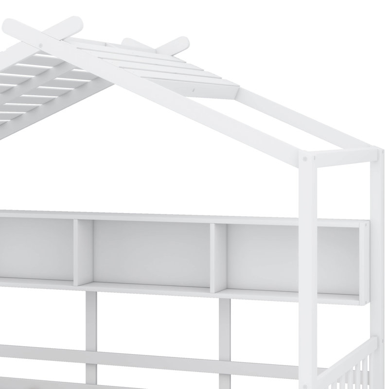 Lit sur pied avec tablette de rangement, lit maisonnette avec toit, Simple, Blanc