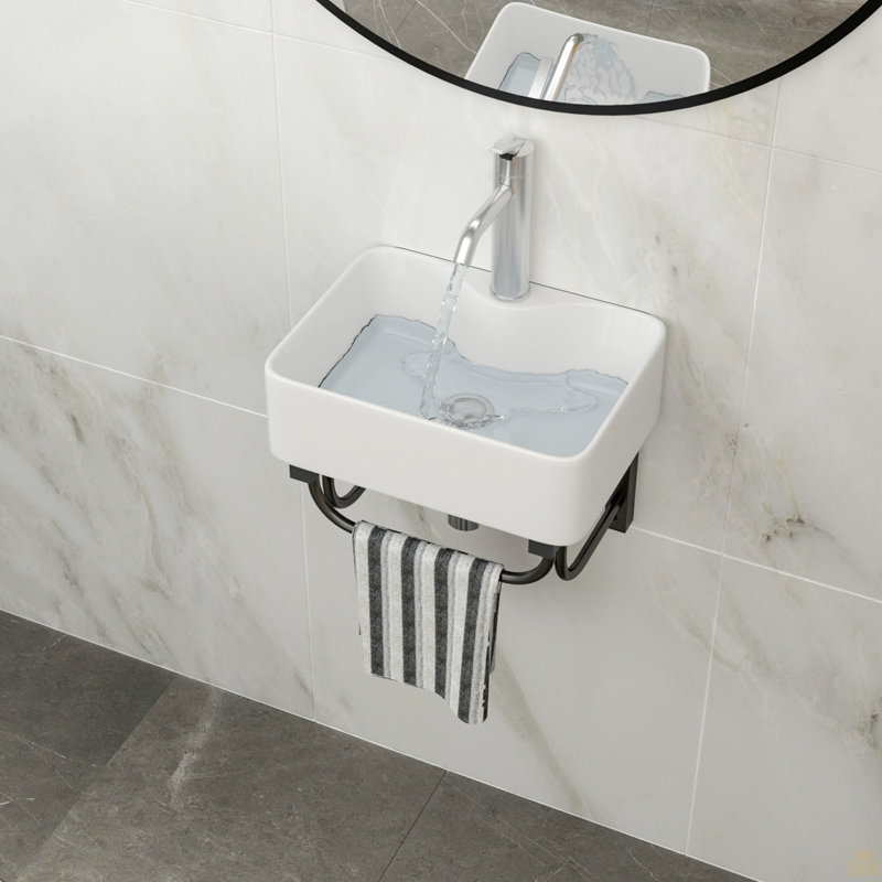 Lavabo de salle de bain mural rectangulaire en céramique 16 po x 12 po avec barre à serviettes noire et trou pour robinet