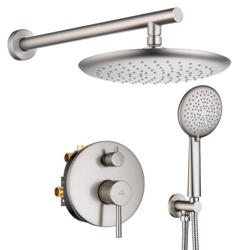 Rainfall Complete Shower System with 5-Setting Handheld Shower and Rough in Valve, Brushed Nickel