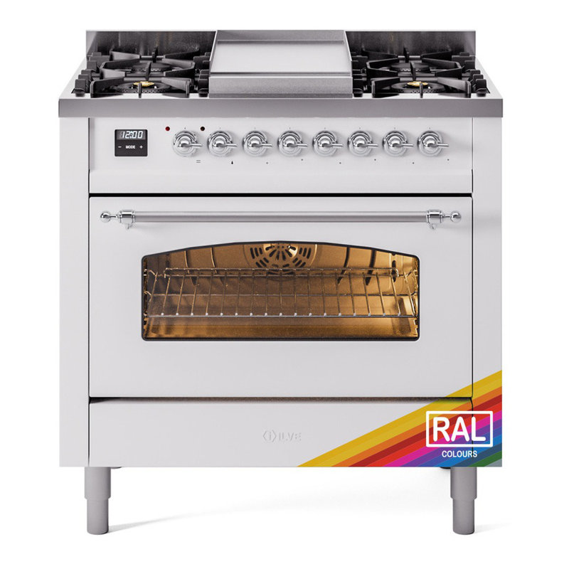 ILVE Nostalgie II Series 36 inch Dual Fuel Range with 6 Burners, Griddle (Glass Door), Liquid Propane, RAL/Chrome