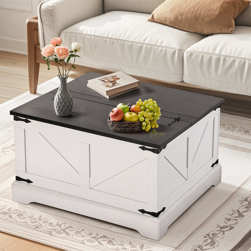 Table basse carrée avec rangement caché, table basse à plateau relevable pour salon, Blanc
