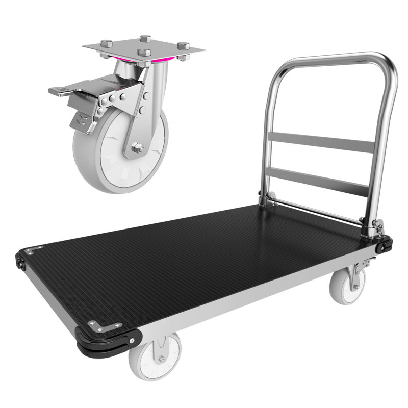 Chariot-plateforme pliable en acier avec tapis antidérapant, capacité de 2 500 lb, plateforme en acier de 48 po x 24 po de 2 mm d'épaisseur, roulettes pivotantes de 6 po avec freins, châssis renforcé