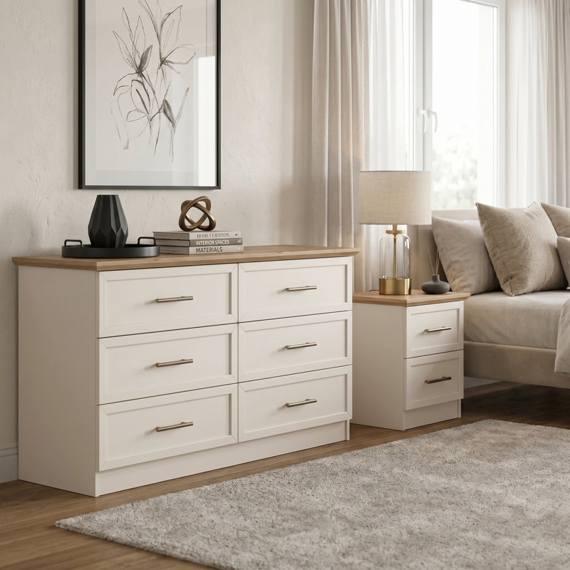Arata Bedside Table And 6 Drawer Chest Bedroom Set, Ivory