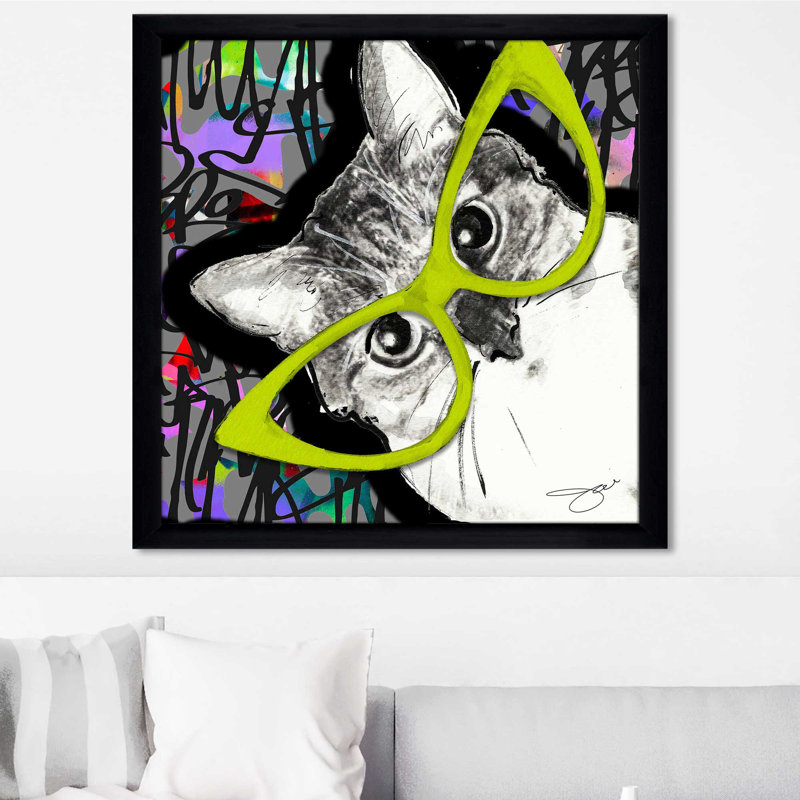 Chat dans des verres (carré) par Jodi - impression, Cadre noir, H 37,5 po x l 37,5 po x P 1 po