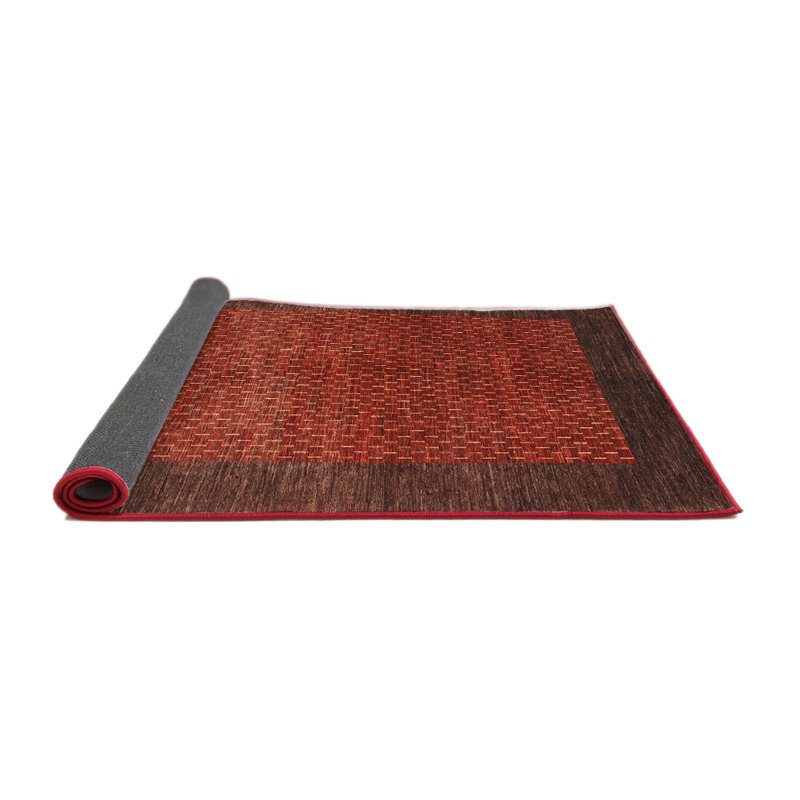 Rouge abstrait/Tapis décoratif brun, Rond 3 pi
