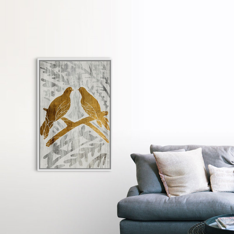 Reproduction d’art sur toile, « Two Turtle Doves-Gold Leaf », H 38 po x l 26 po x P 1,75 po, Cadre blanc