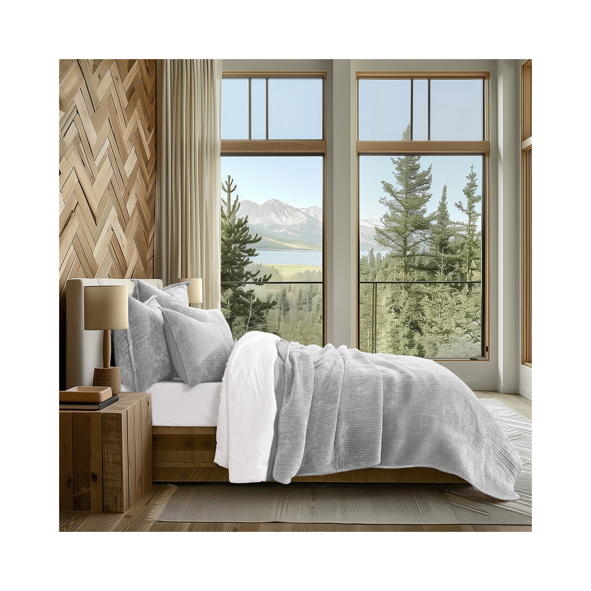 Striped Channel Velvet Quilt Set, King, Frost Gray