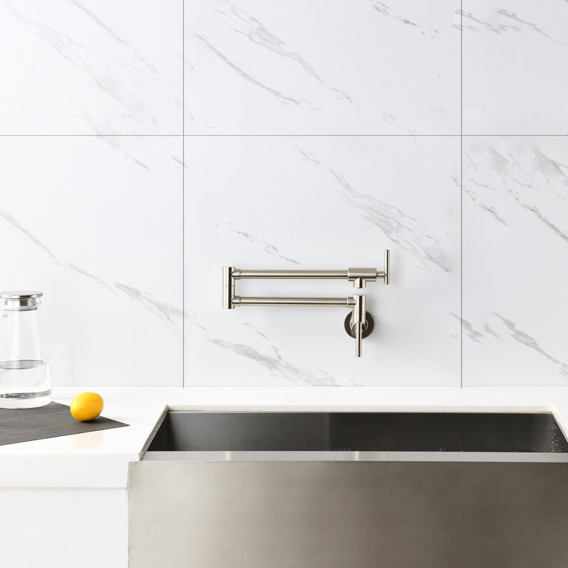 Wall Mounted Folding Kitchen Pot Filler Faucet In Brushed Nickel - Double Handles For Optimal Water Output, Special Surface Treatment To Corrosion And Fingerprints, Splash- Aerator Mount Fill Pots