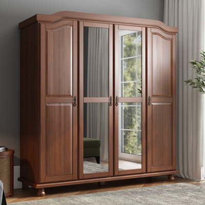 Kyle 100% Solid Wood 4-door Wardrobe Armoire with Mirrored Doors
