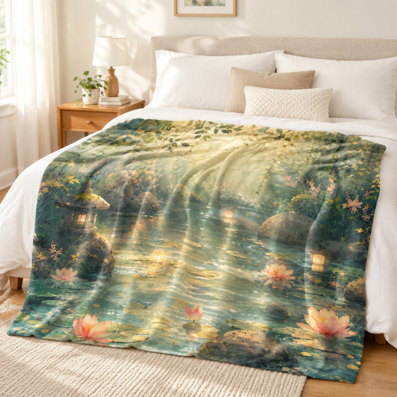 Plaid japonais serein - Bassin de nénuphars, lanternes, paysage paisible, design artistique, léger, respirant, toutes saisons, doux pour la peau, décoratif, pour canapé, fauteuil, salon et chambre