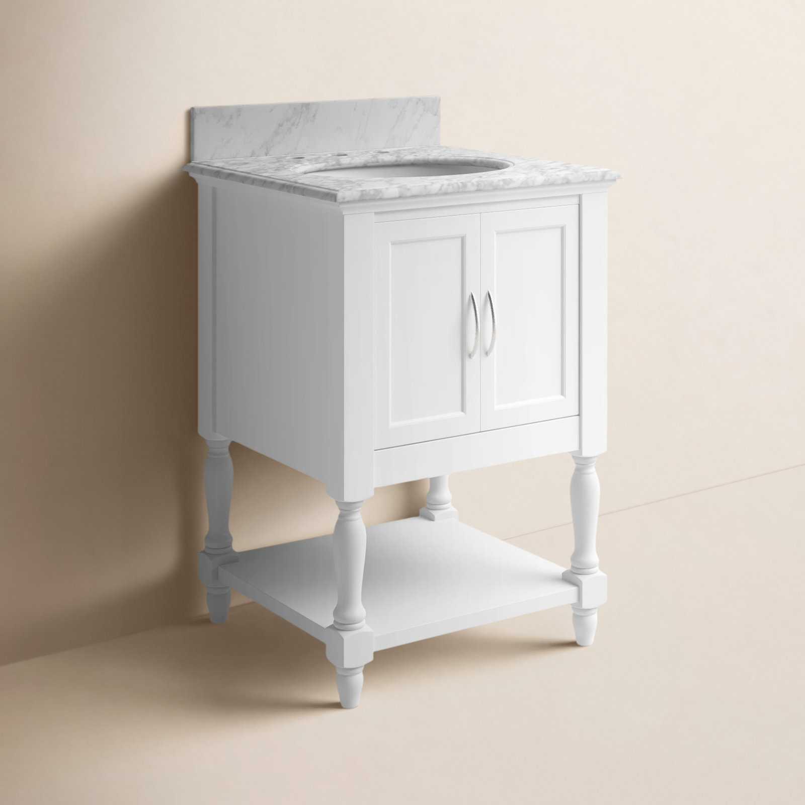 Hampton 24'' Single Bathroom Vanity, White, Carrara Marble