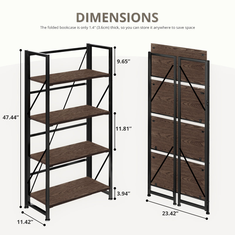 4-Tier Folding Bookshelf with Easy Assembly, Space-Saving Storage Shelf for Small Spaces, Rustic Display Rack for Home or Office