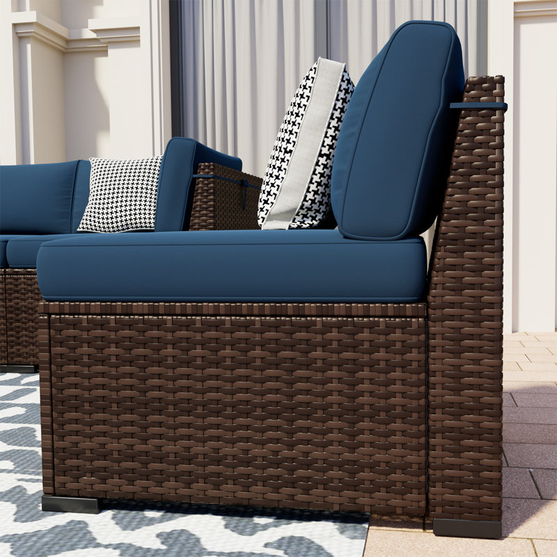 Treyshun Modular Slanted Rattan Sectional Conversation Sets With Coffee Table, Blue, No