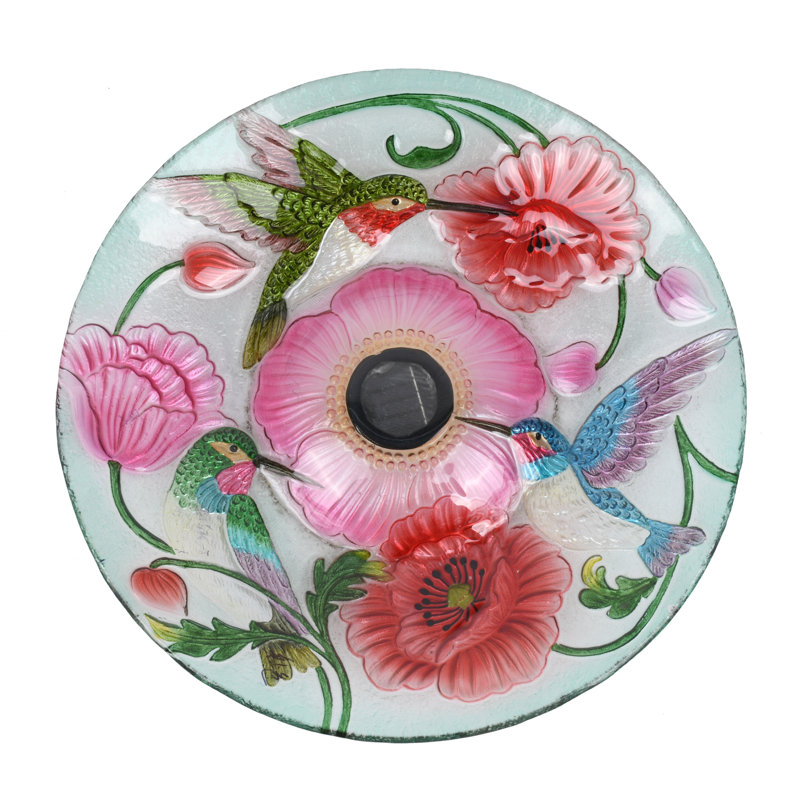 Solar LED Floral Glass Bird Bath with Metal Stand