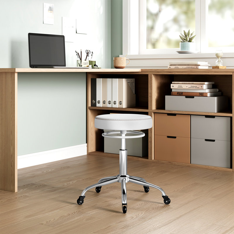 Adjustable Height Industrial Stool, White Faux Leather