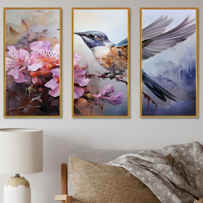 Grey Fluttering Hummingbird Blooms II - Hummingbird Animal Wall Art
