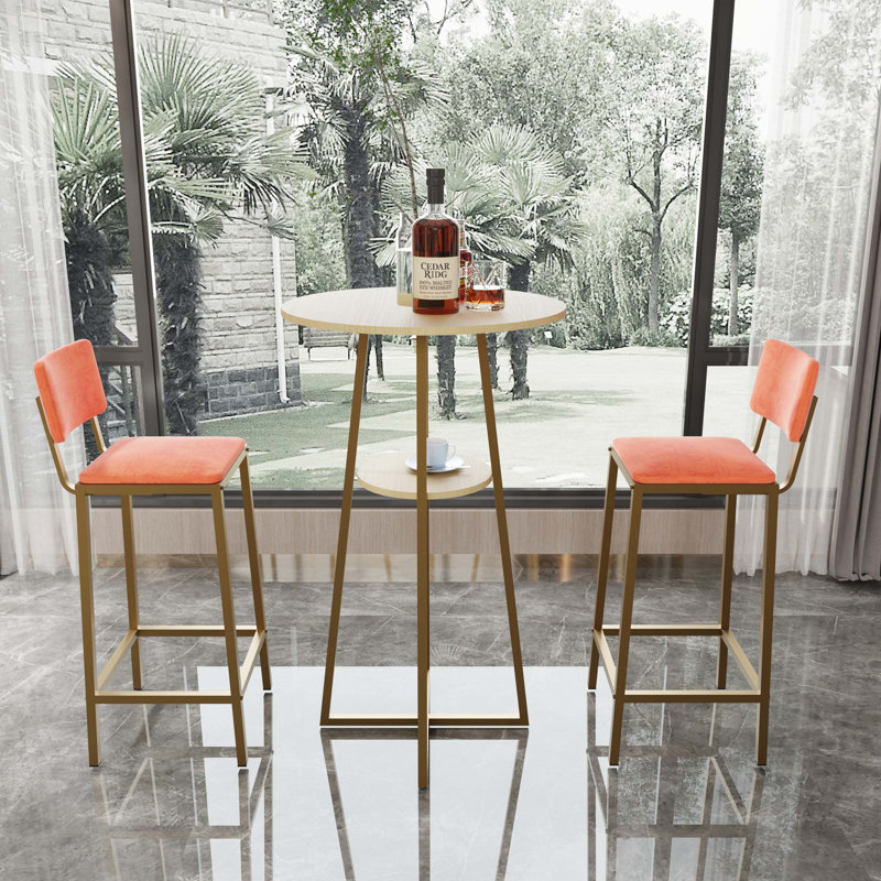 Bar Table And Chairs 3 Piece Set, Frame, Sponge Made Seat Cushions And Backrests, Bar Table With Storage Function, Orange