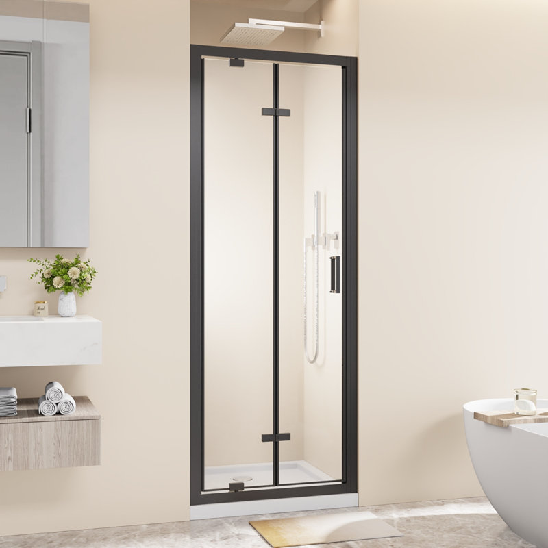 Porte de douche à cadre pivotant pliable à double battant 28 po x 72 po, verre trempé transparent de 1/4 po avec poignée en acier inoxydable, installation réversible