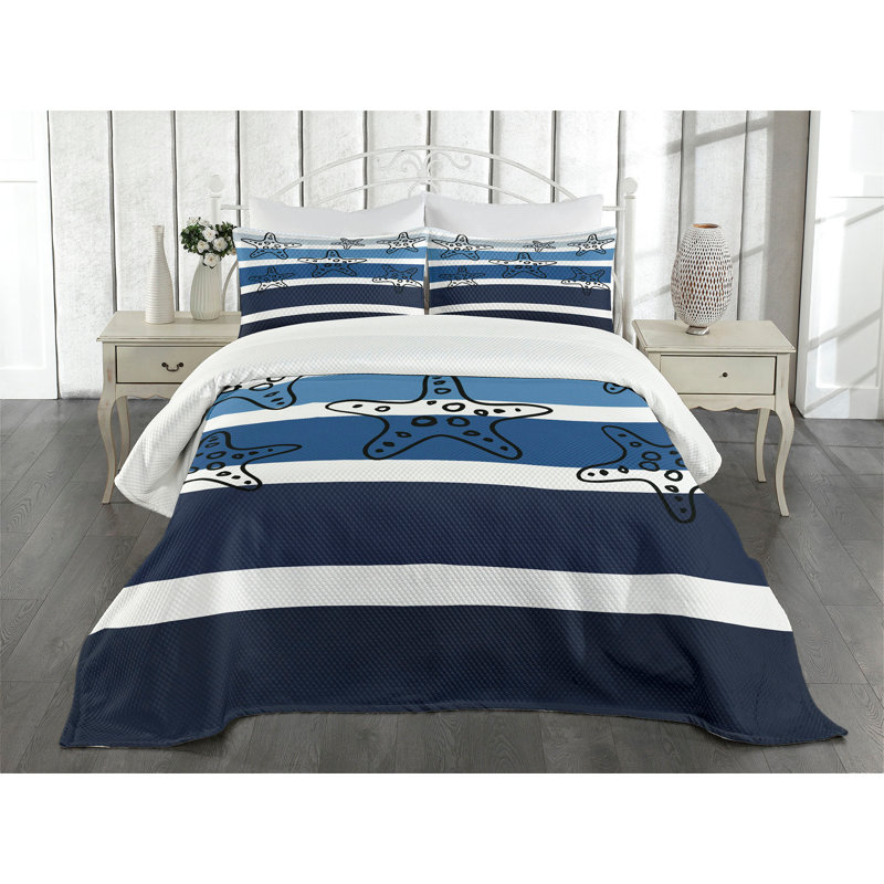Ambesonne Starfish Bedspread Stripes Starfish Multicolor, Queen Bedspread + 2 Standard Shams
