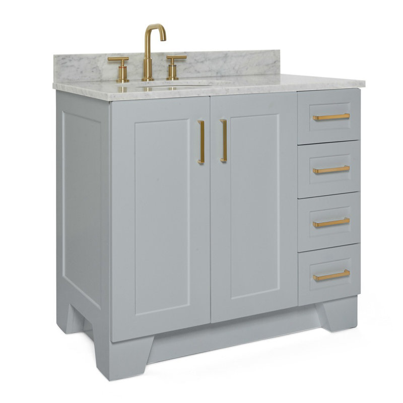 Meuble-lavabo simple en bois massif 37 po gris Freitas avec plateau en marbre de Carrare 0,75 po, évier gauche, lavabo ovale