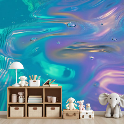 Papier peint adhésif à peler et coller, vagues fluides abstraites, couleurs holographiques, texture liquide, H 69 po x l 96 po, papier peint amovible en PVC, adhésif mural pour chambre à coucher, bureau à domicile