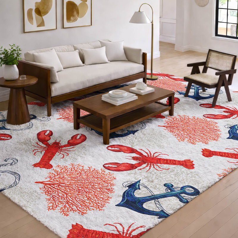 Premium Machine Washable Dream Shag ADS149 Lobster/Anchor Rug, 5' x 7'6"