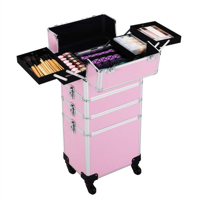 Makeup Train Case Rolling Cosmetology Case on Wheels Travel Case Organizer, Pink